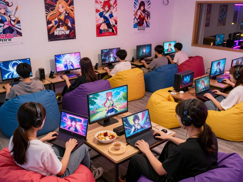 Friends enjoying sex games online in a colorful gaming lounge, depicting diverse characters and vibrant visuals.