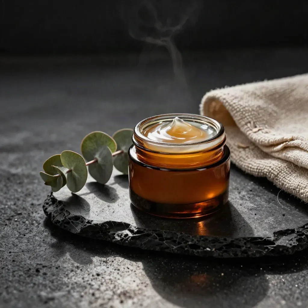 Amber balm jar beside cracked stone dish, eucalyptus and folded towel in dramatic low studio light.