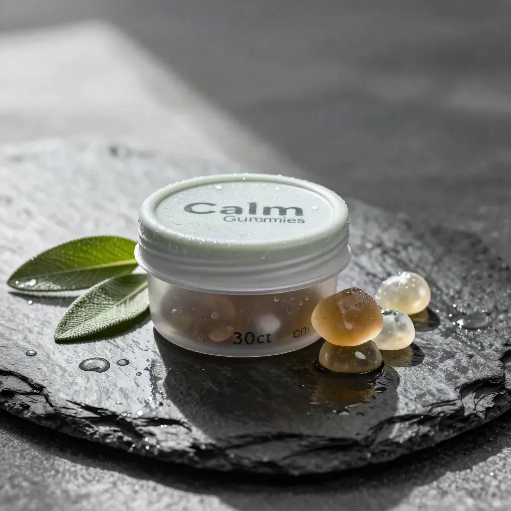 Unmarked CBD gummy tub with translucent chews and dew on wet slate.