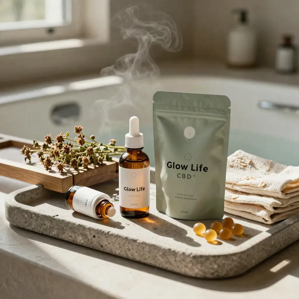 CBD night bundle on a linen tray beside a bath caddy, with steam and chamomile.