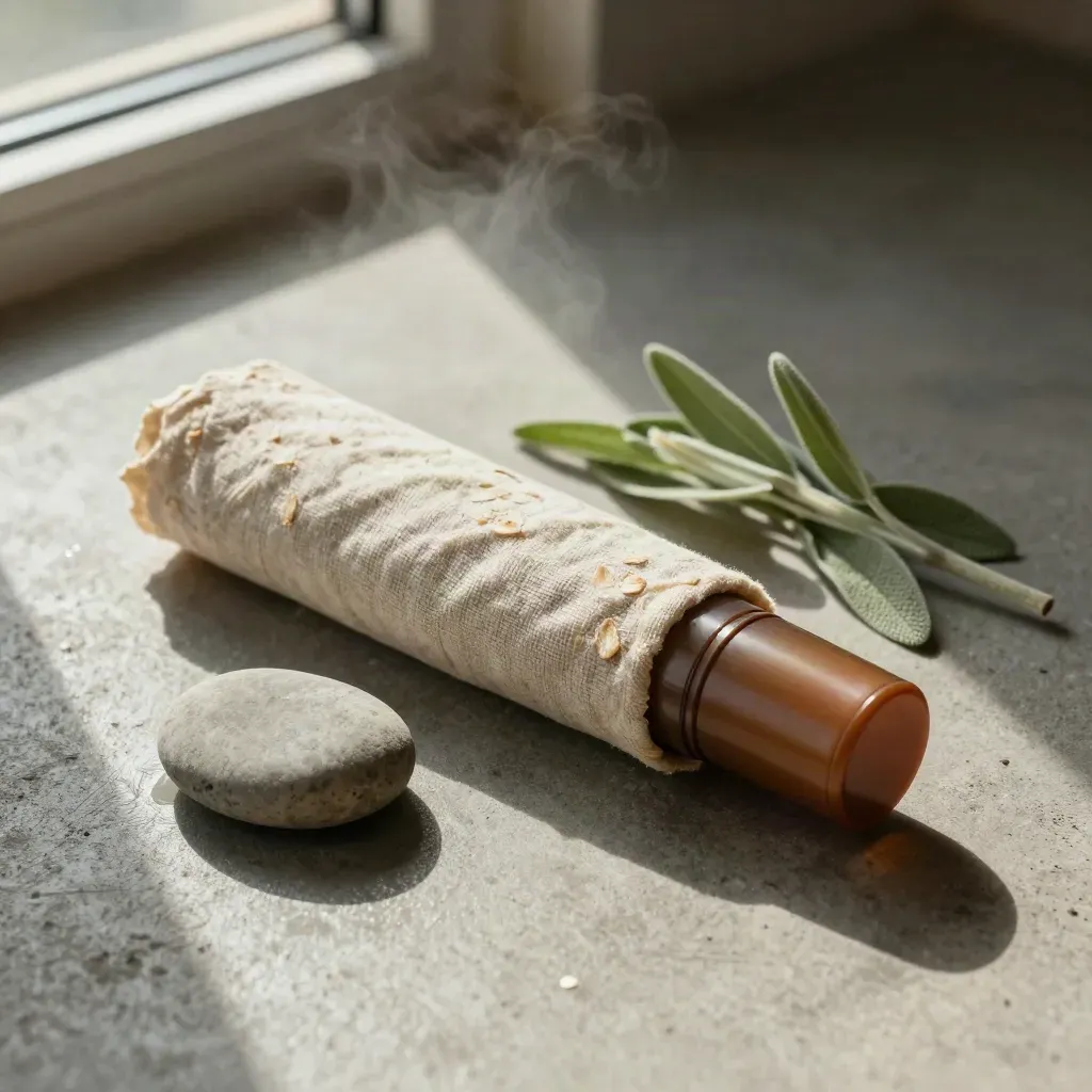 Unmarked muscle roll-on bottle with linen wrap, river stone, and herbs on brushed concrete.