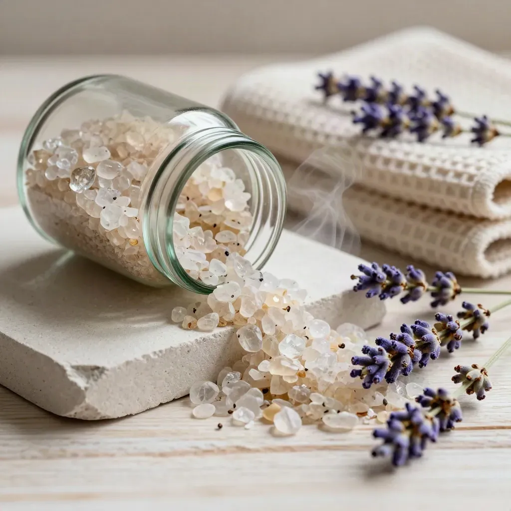 Glass bath soak jar with crystals, towel and lavender stems on warm plaster