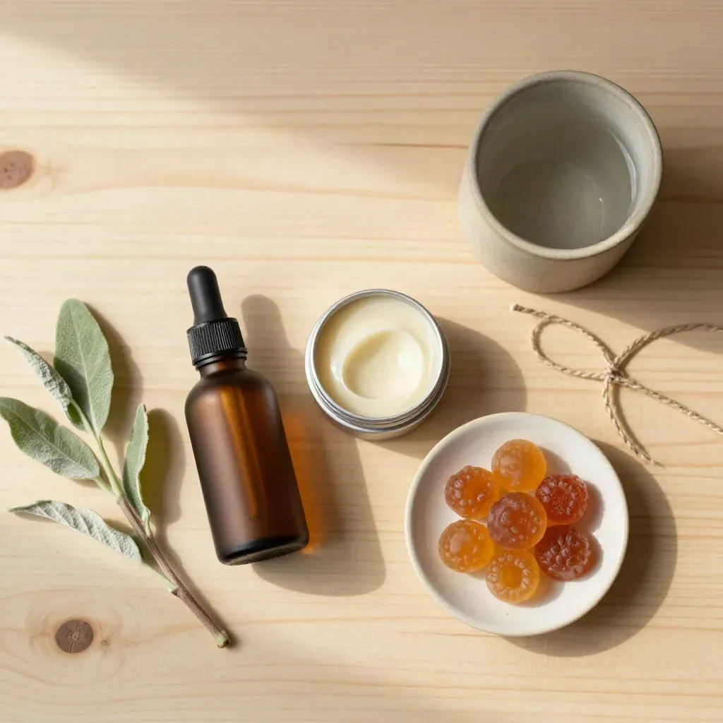 Top-down wellness bundle flatlay with oil, gummies, balm, twine, cup, and herb stems on pale wood.