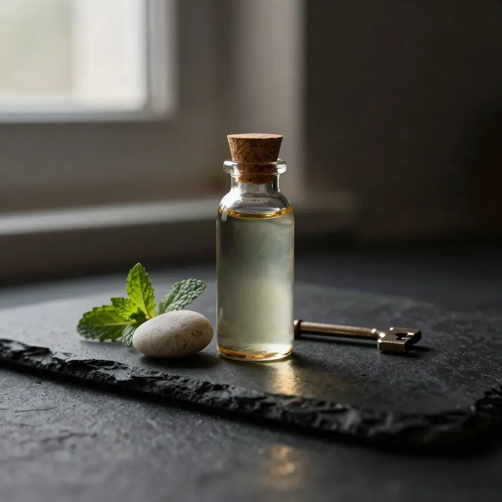 Broad-spectrum CBD oil bottle on black stone with cork tray, pebble, and mint sprig in dramatic studio light.