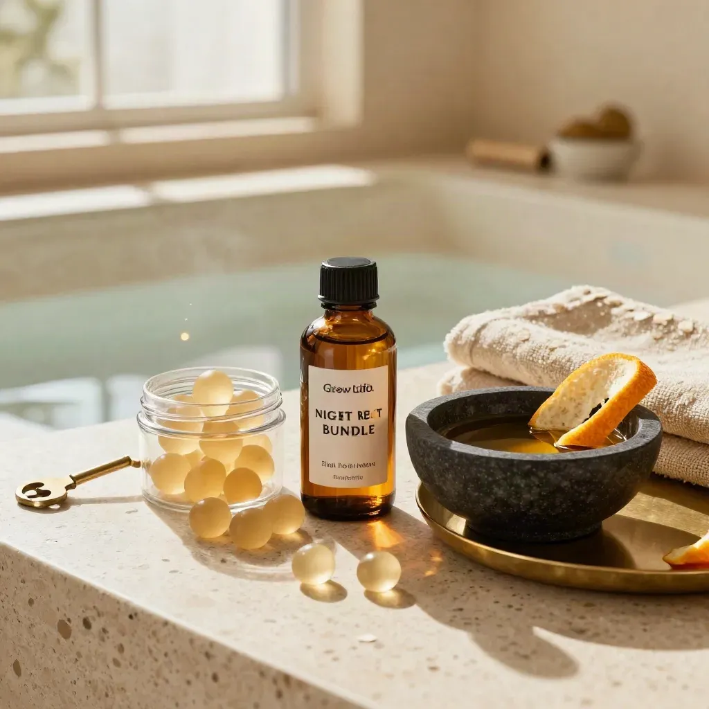 CBD night reset bundle with tincture, gummies, softgels in a stone bowl with citrus peel