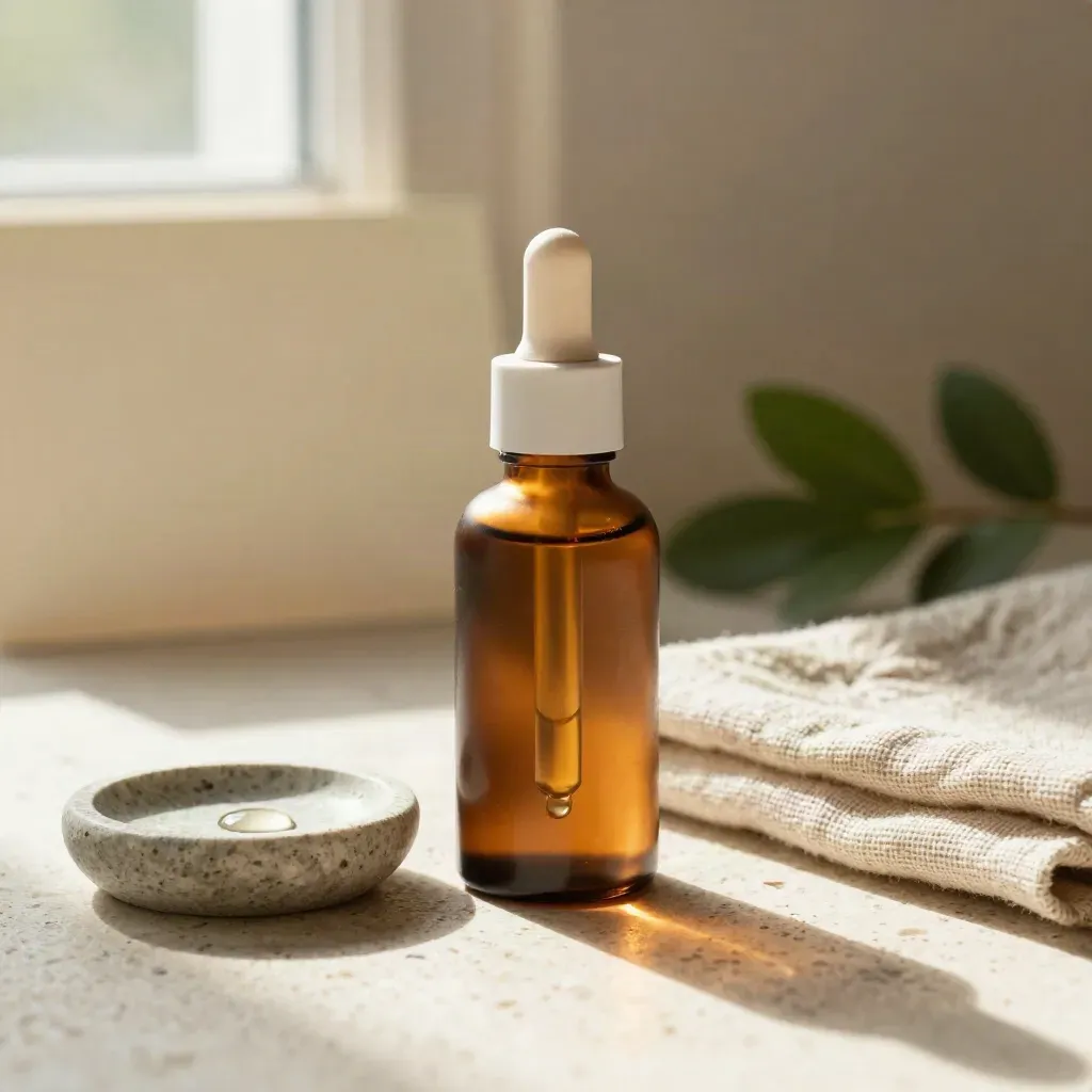 Amber CBD tincture bottle with dropper, stone dish and flax cloth on pale travertine.