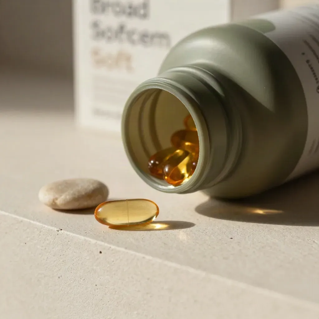 Matte CBD softgel bottle beside capsules and a river stone on misted plaster under raking light