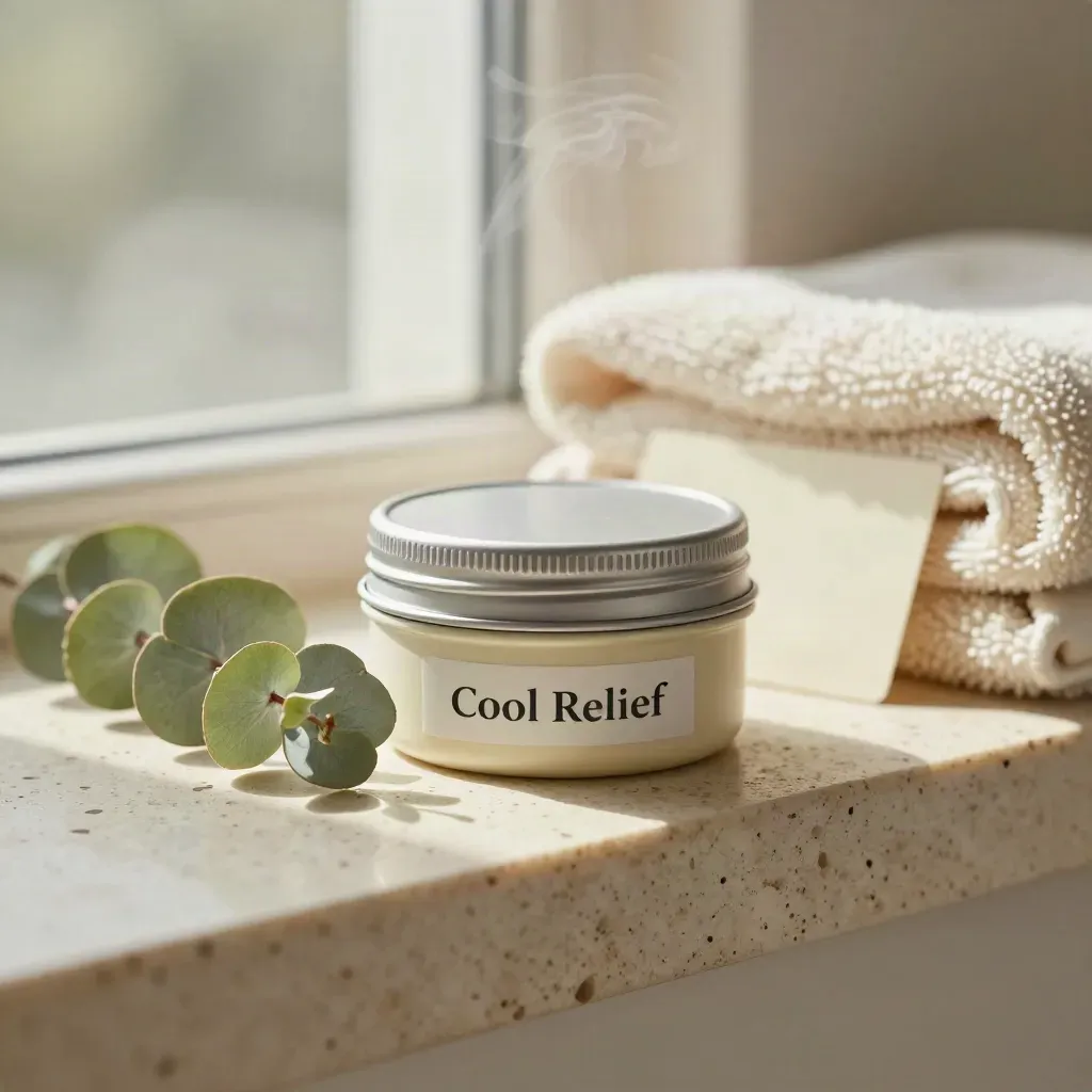 Cool Relief Balm tin with eucalyptus and towel on a travertine shelf