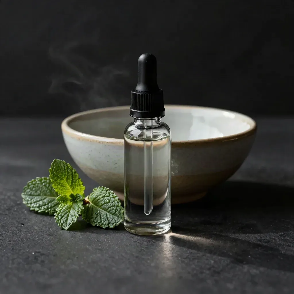 Slim CBD bottle with ceramic bowl and mint sprigs in dramatic studio light.