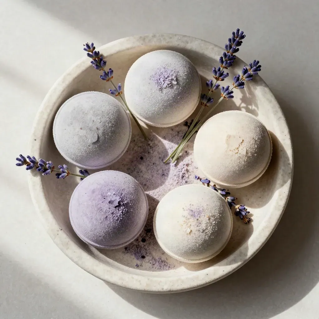 Four lavender bath bombs with a plaster bowl and sprigs on pale stone.