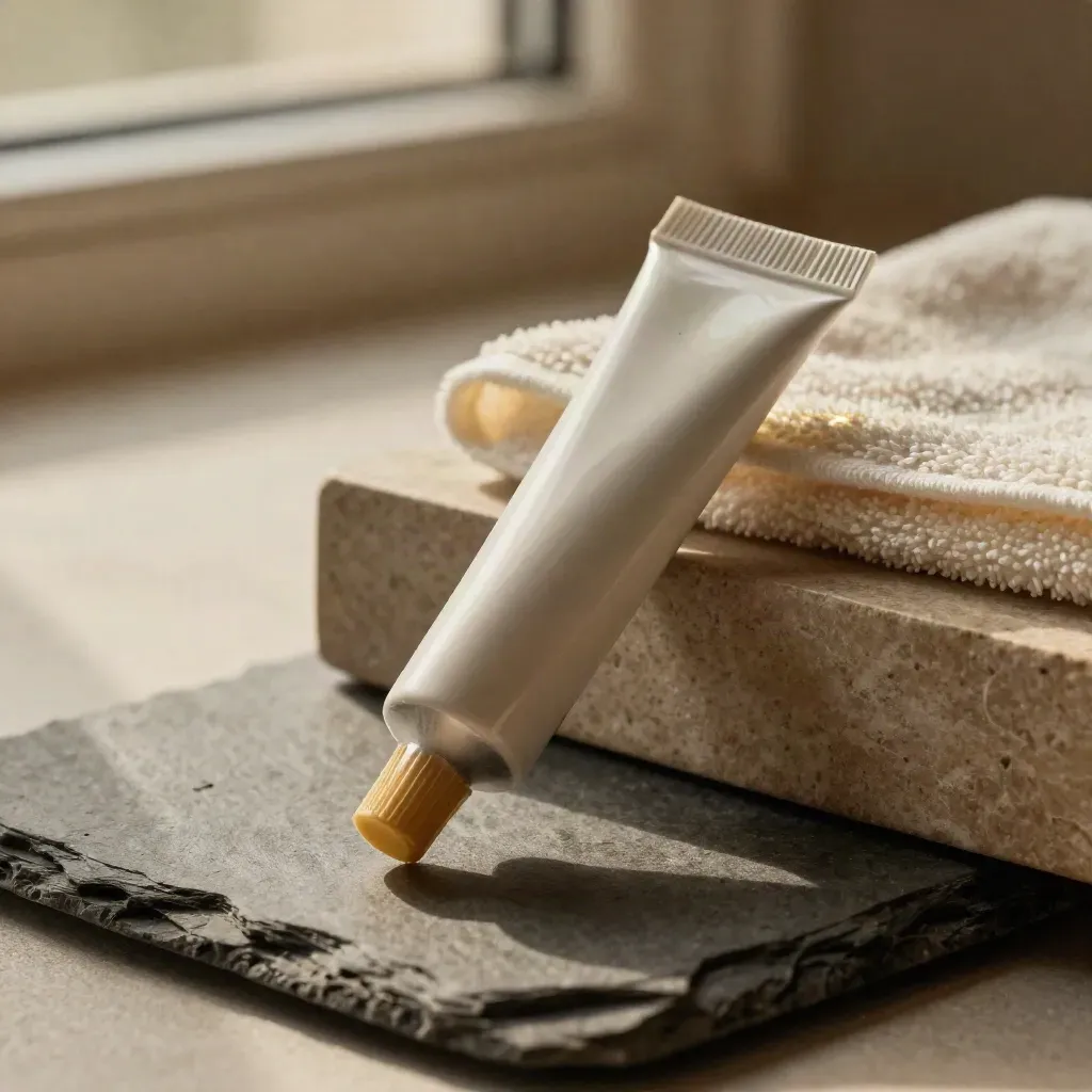 Macro of a comfort gel tube on slate with towel and gold highlights.