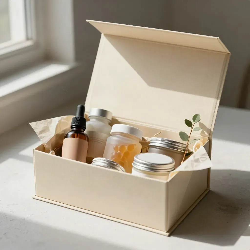 Open ivory wellness gift box with five CBD products, tissue, twine, and greenery