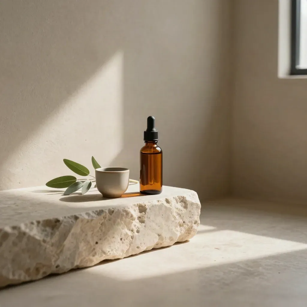 Amber tincture bottles, ceramic cup, and greenery on a sunlit stone ledge in a calm bathroom corner.
