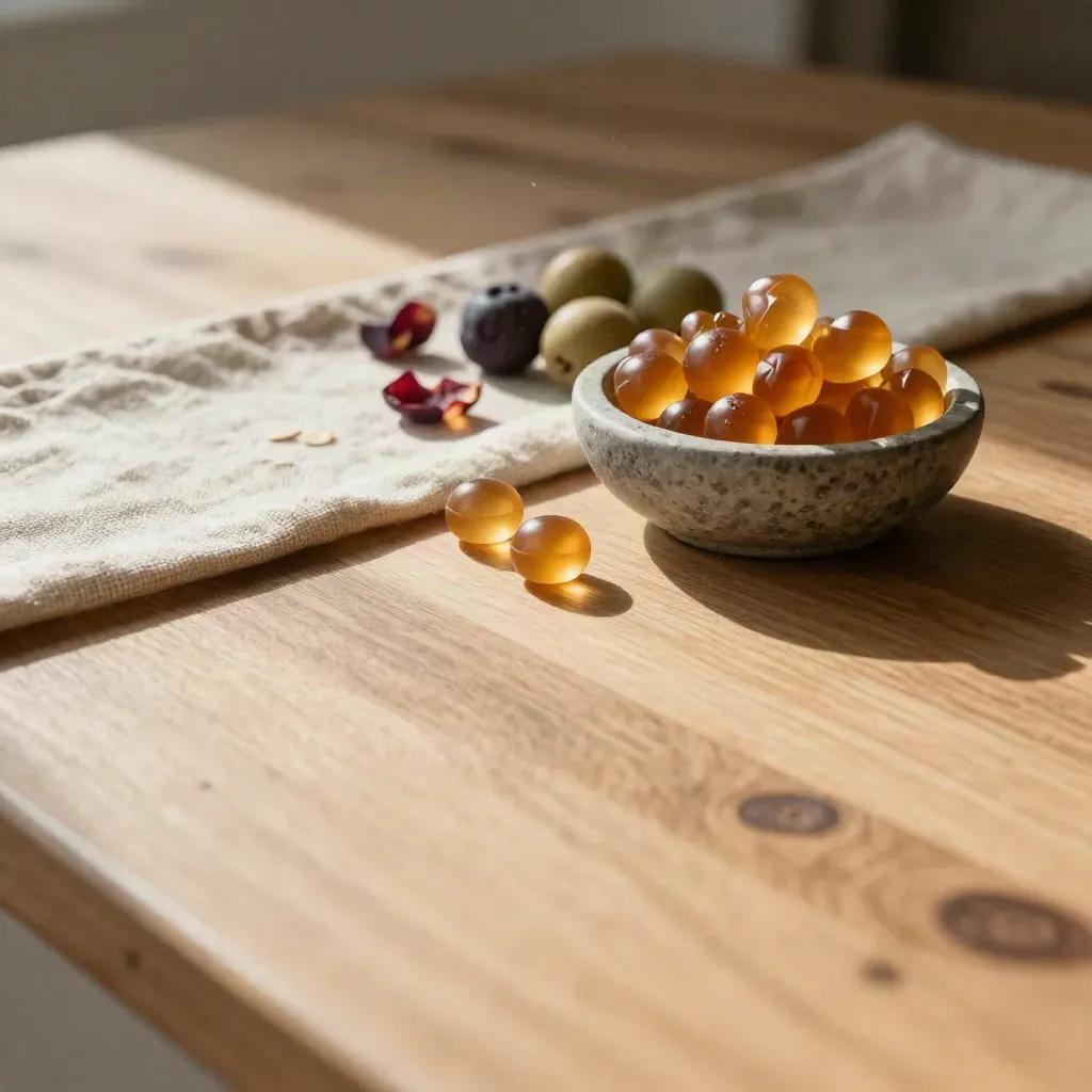 Warm wooden counter with linen, bowl of softgels, and berry skins in soft afternoon light.