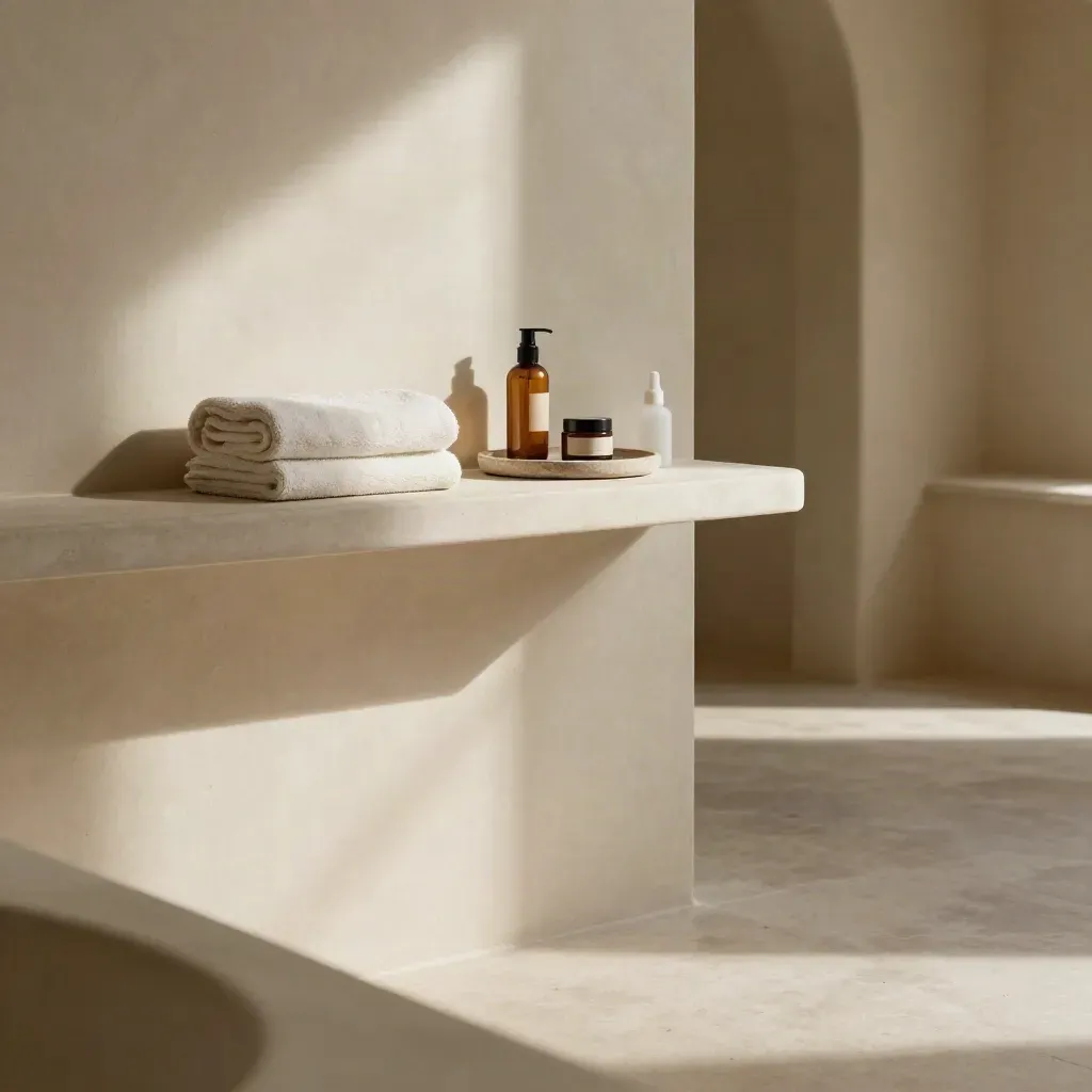 Sunlit plaster hallway shelf with CBD topical bottles, rolled towel and stone tray.