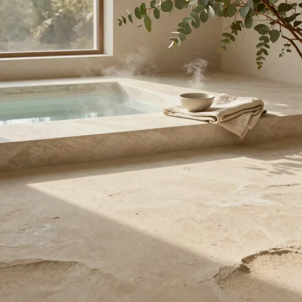 Eucalyptus and linen by a still bath basin on pale sandstone in warm haze