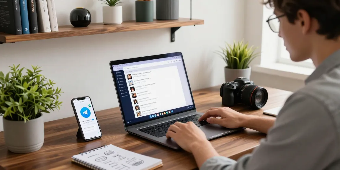 Engaged young professional using Telegram Web Version on a laptop in a modern home office setting.