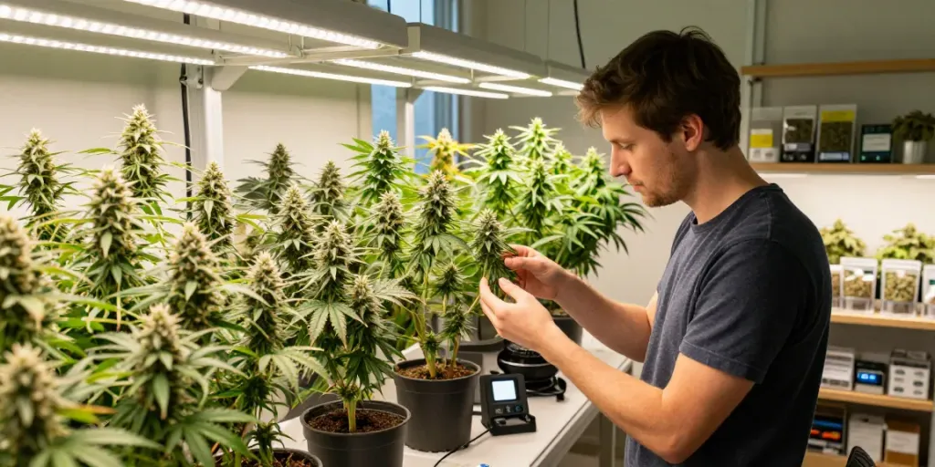 Indoor cannabis grow room showcasing high THC feminised seeds with vibrant plants and grower.