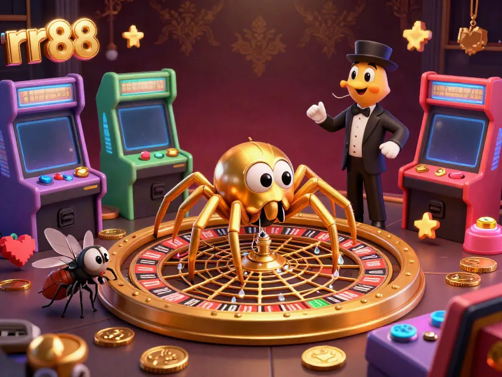 Witness rr88 in action as a golden spider spins a roulette wheel with a fly betting nervously.