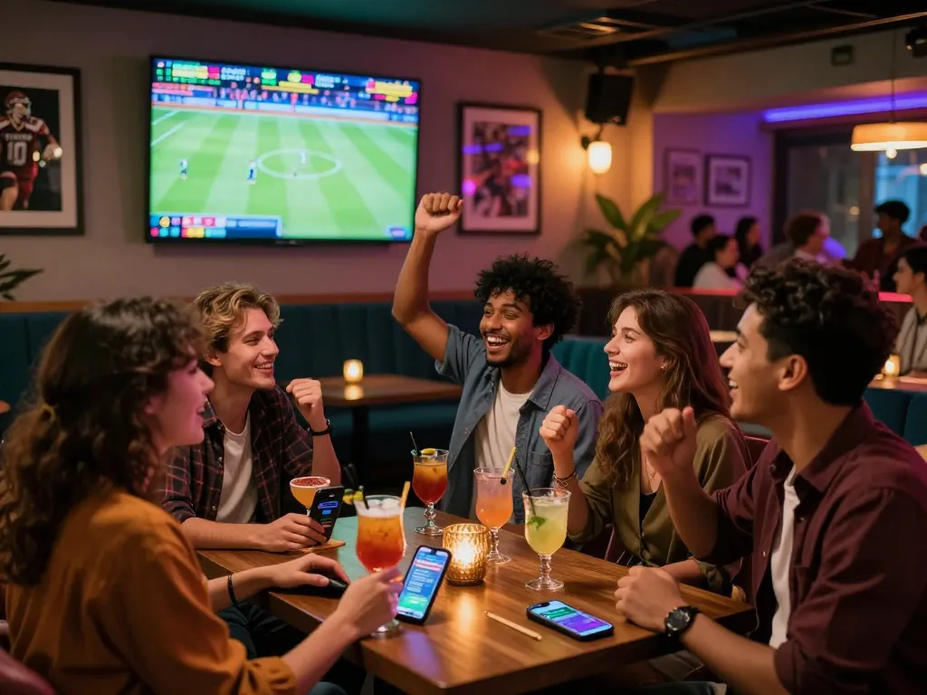 Friends enjoying sports betting at https://8kbetcom.club/ with cocktails and live games.
