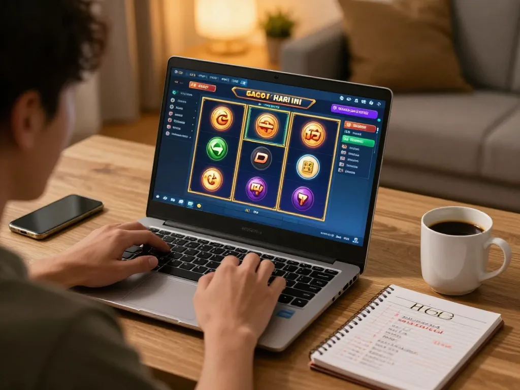 Engaging in slot gacor hari ini gameplay at home, with a player focused on strategic betting.