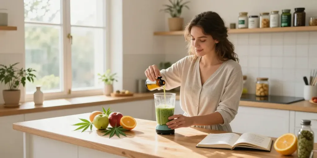 Weed Shake UK in a mindful kitchen scene with CBD oil, fruits, and wellness products for natural health.