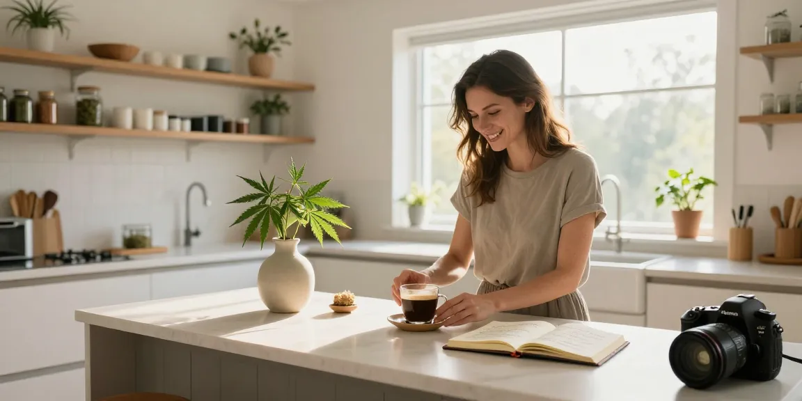 Best CBD Coffee brewed in a sunny kitchen, featuring organic hemp leaves and wellness journal, promoting natural health rituals.