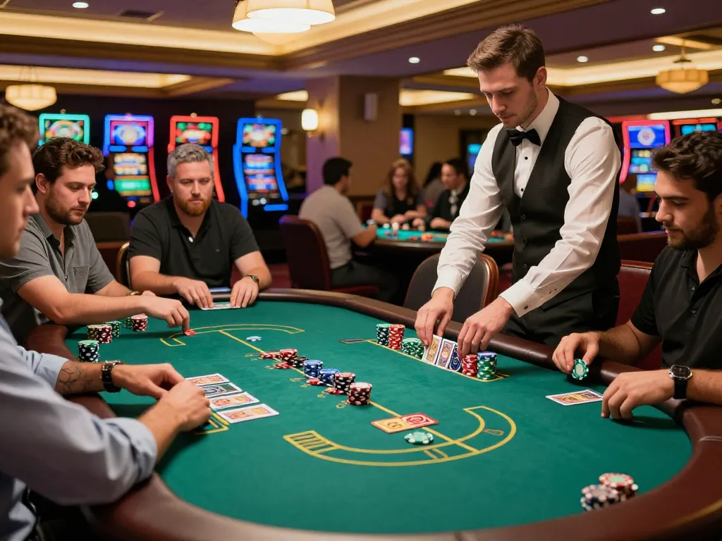 Players engaged in dynamic blackjack gameplay at a casino table showcasing strategic S8 betting and vibrant casino atmosphere