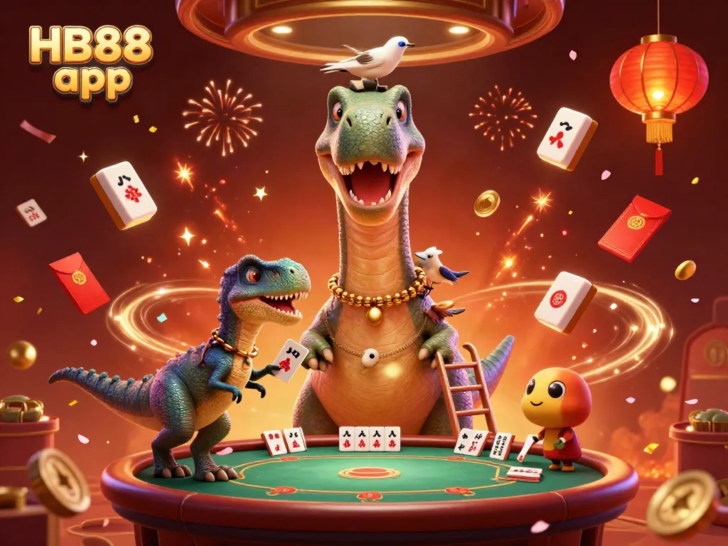 Experience the exciting world of the HB88 app with a fantastical casino scene featuring a brontosaurus and raptor.