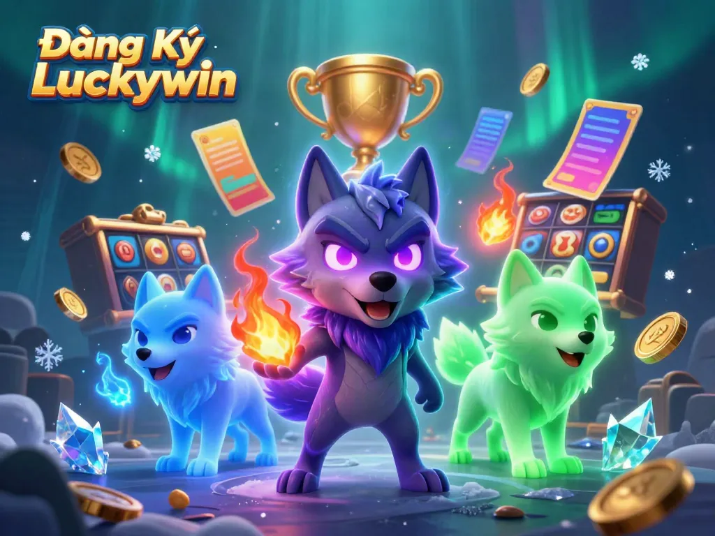 Engage with Đăng Ký Luckywin through a lively online casino scene featuring cartoon wolves and dynamic games.