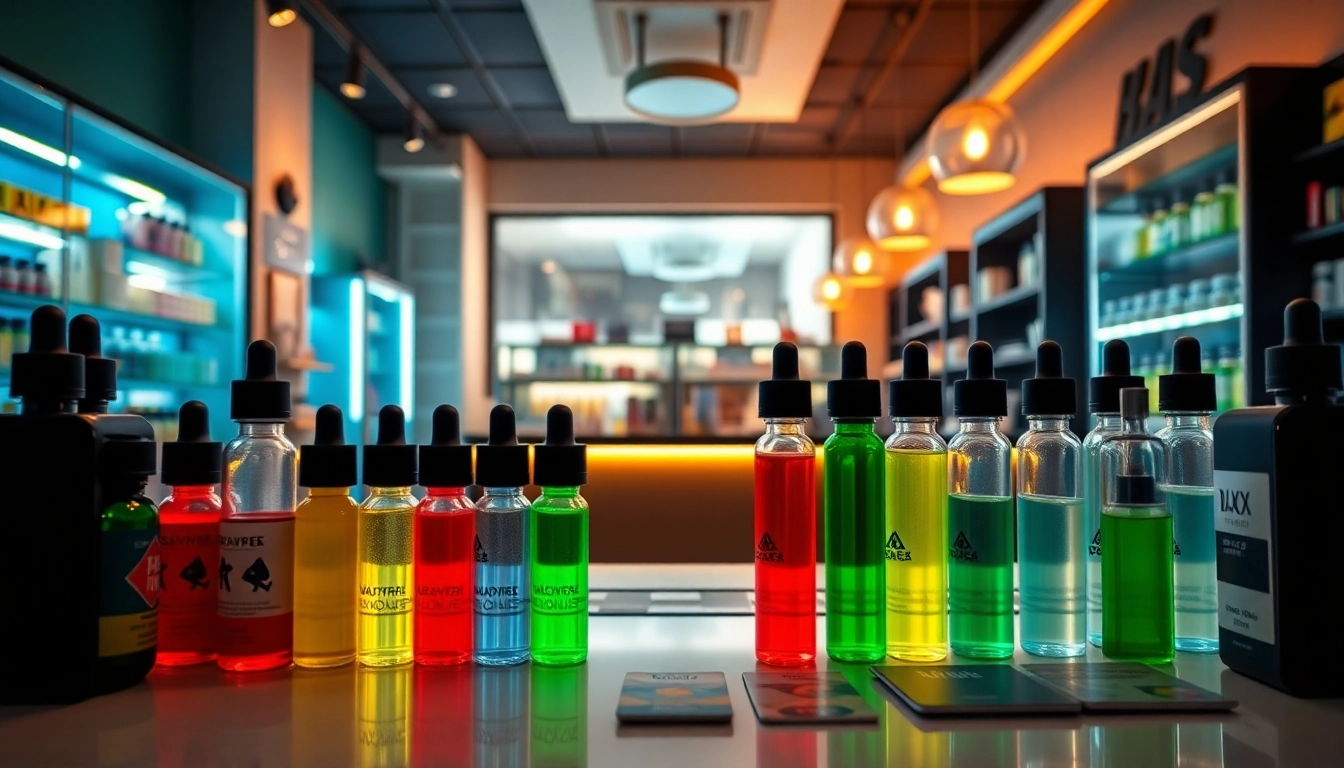 Showcasing diverse Vape & E-Liquids in a professional vape shop setting with warm lighting.