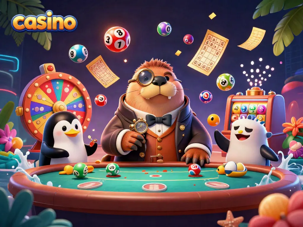Experience thrilling casino gameplay with a jolly walrus, sophisticated penguin dealer, and pufferfish player at an underwater poker table.