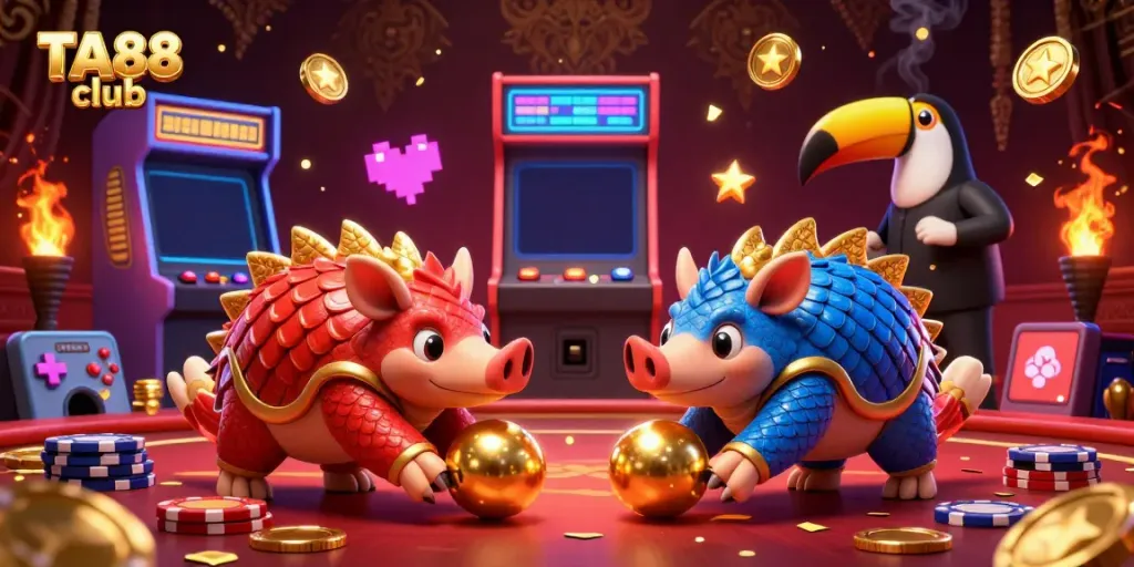 Engaging gameplay at TA88 club with pangolins navigating golden balls amidst poker chips.