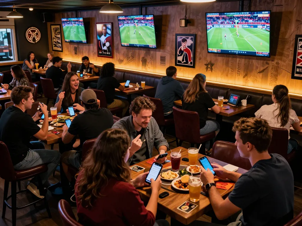 Patrons analyzing kèo nhà cái in a lively sports bar while cheering on live games