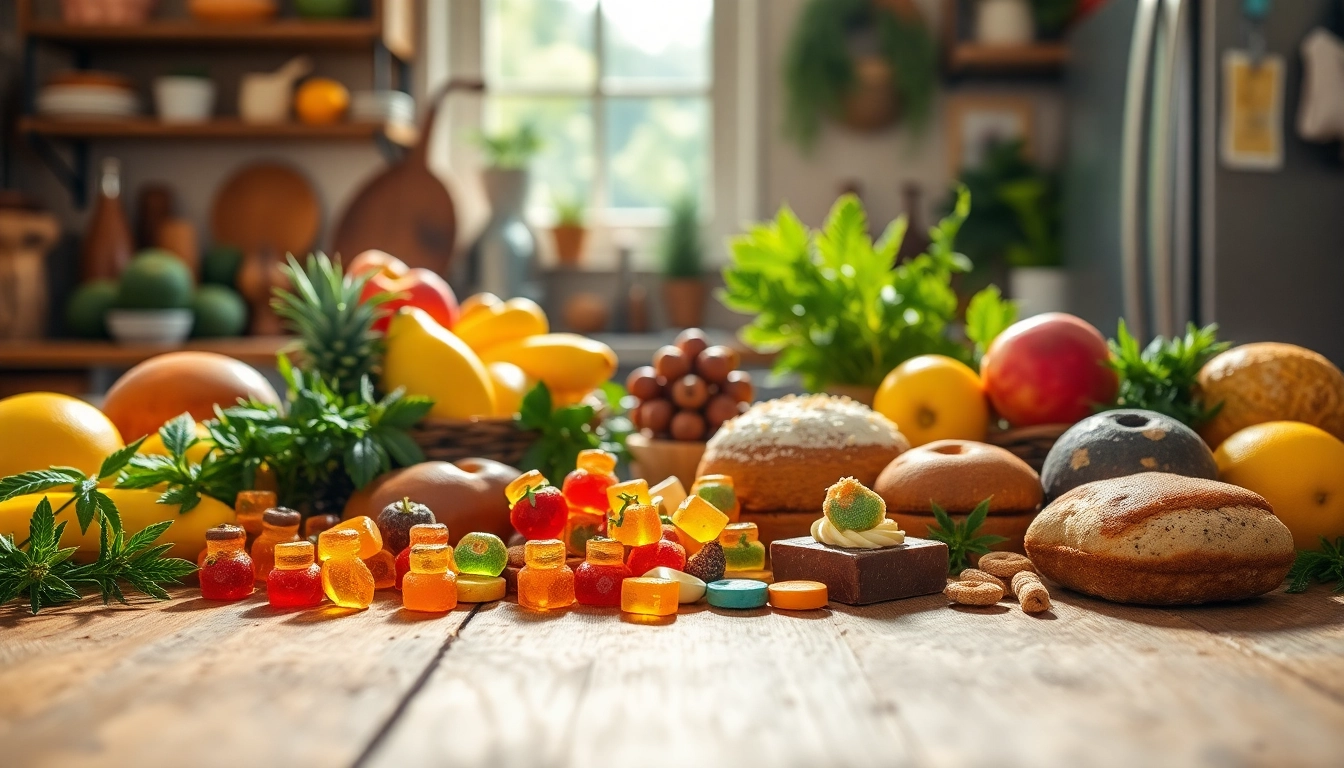 Colorful thc edibles arranged attractively on a wooden table surrounded by fresh fruits and herbs.