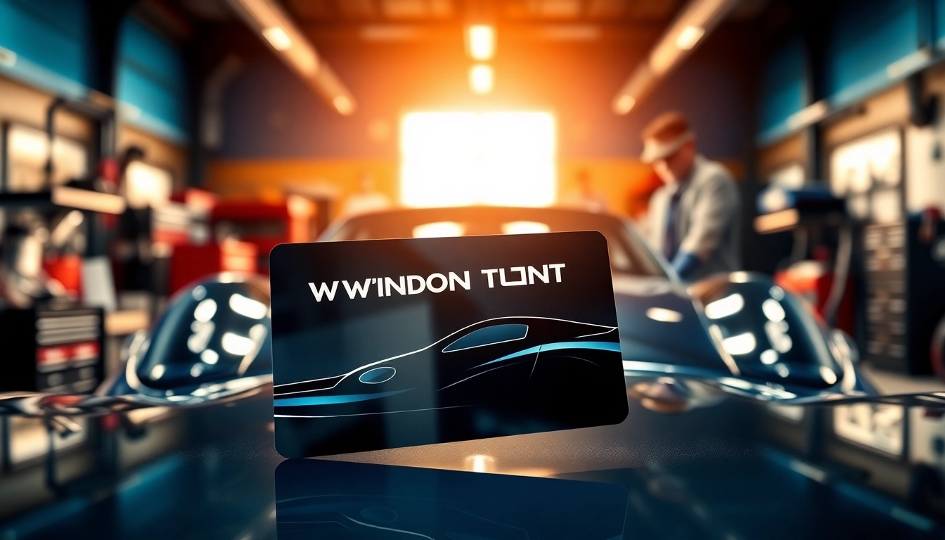 A vibrant window tint gift card showcased in an auto shop setting with a sleek design and shiny details.
