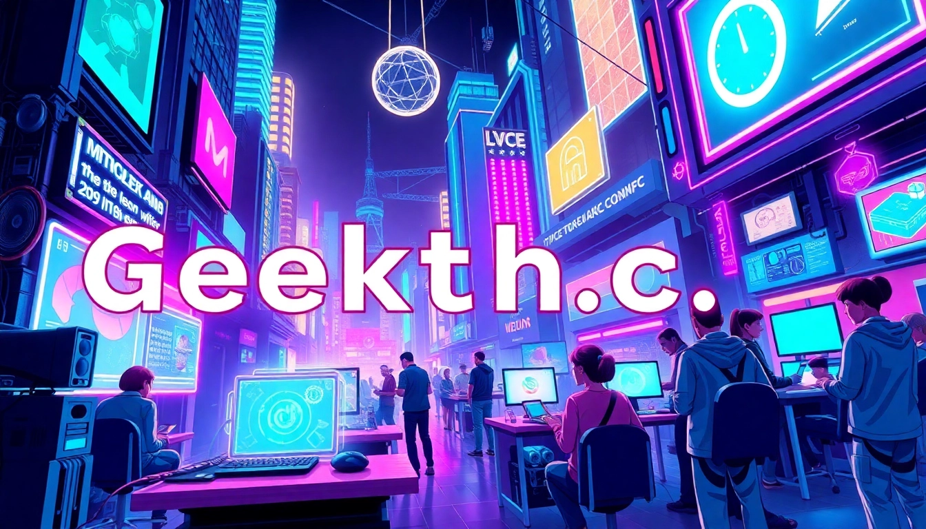 Engage with the vibrant world of geekthc through technology and creativity in a futuristic cityscape.