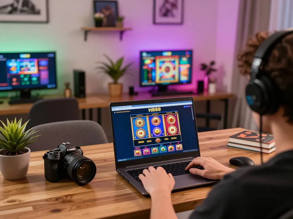 Engaging with HB88 online casino through laptop showcasing vibrant slot game interface.