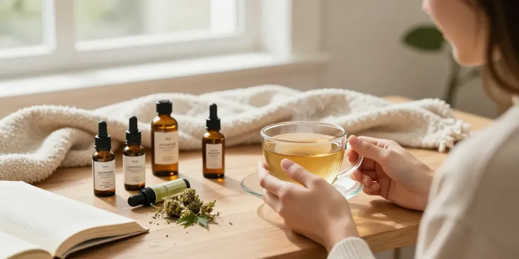 Entspanntes Ambiente mit einer Person, die CBD kaufen möchte, umgeben von verschiedenen CBD Produkten.