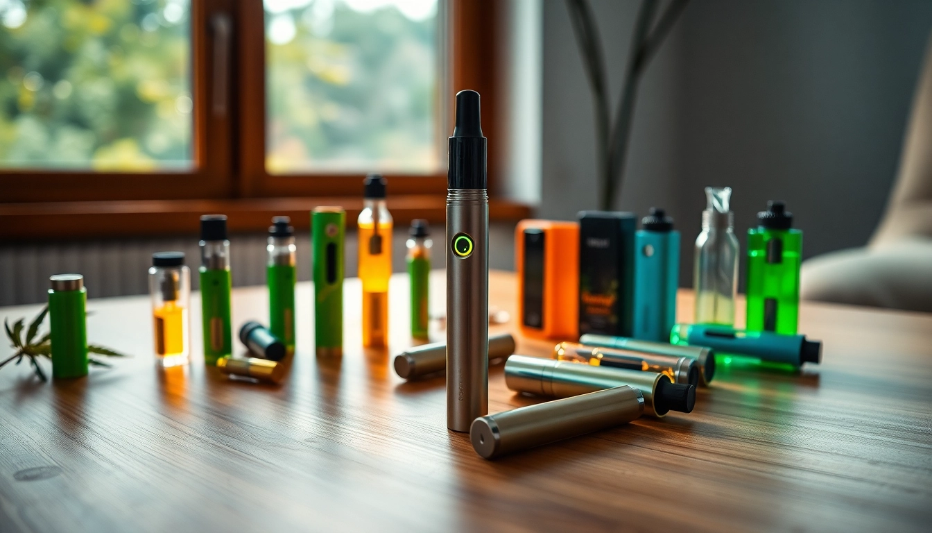 Showcasing cannabis vape devices on a wooden table with colorful vape cartridges.