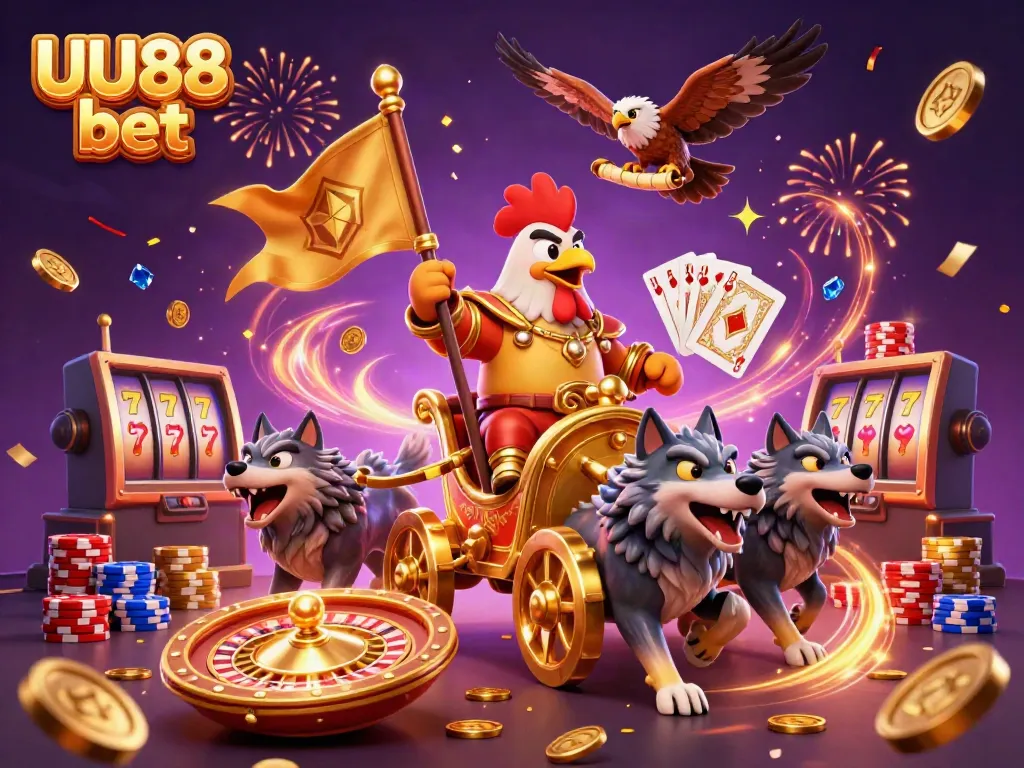 Experience excitement with UU88 bet in a dynamic 3D casino scene featuring a rooster warlord!