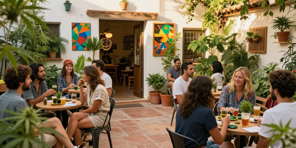 Cannabis-clubs-near: Members enjoying CBD-infused wellness drinks at a social club in a vibrant outdoor setting.