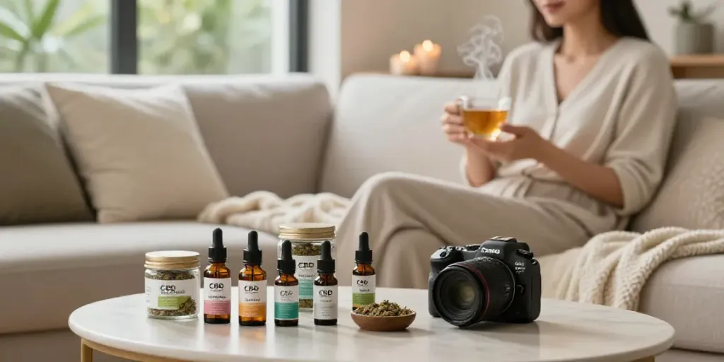 CBD kaufen products displayed on a coffee table with a relaxed person enjoying CBD tea.