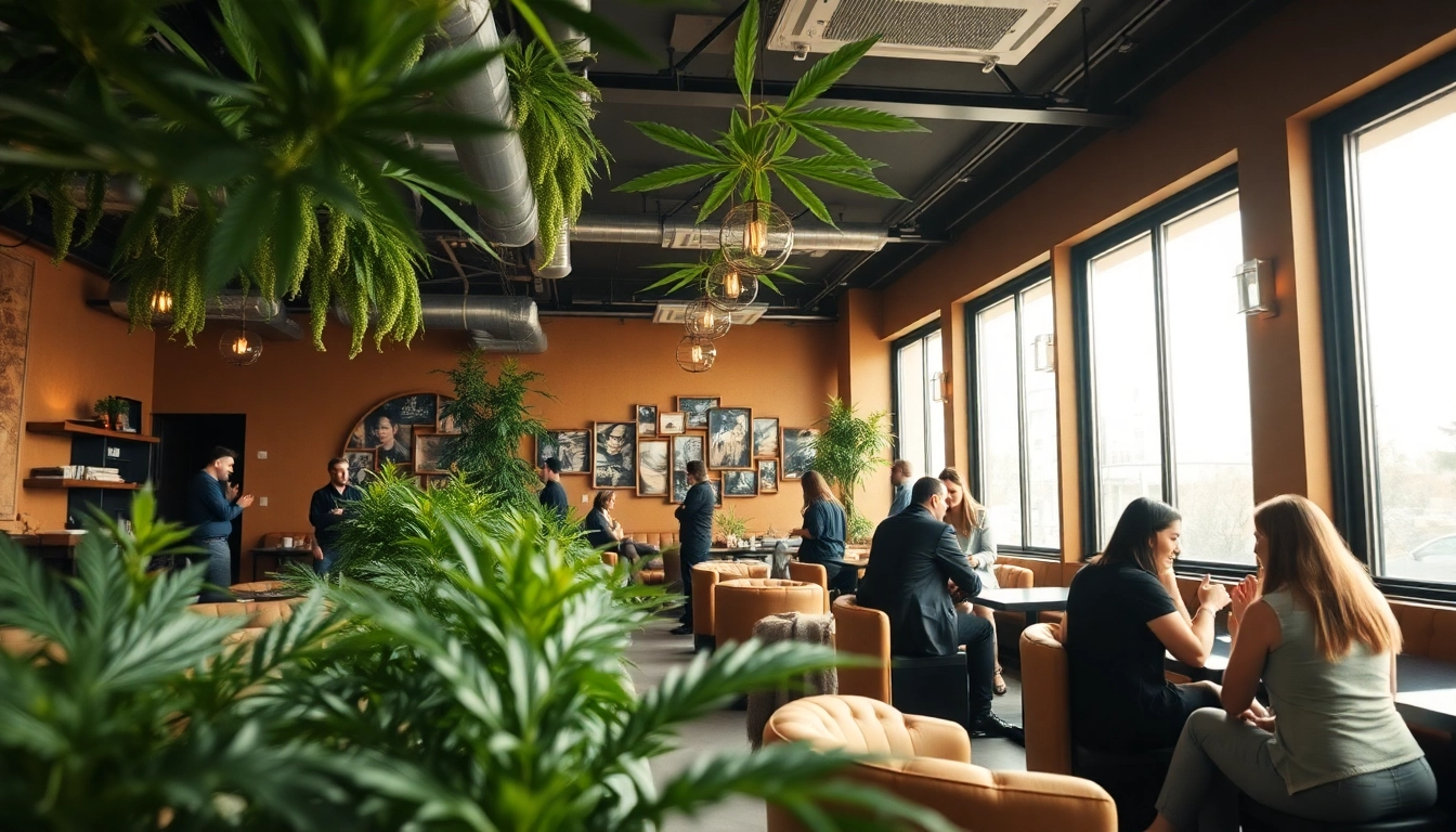 Members enjoying activities at a cannabis club with a warm and inviting atmosphere.