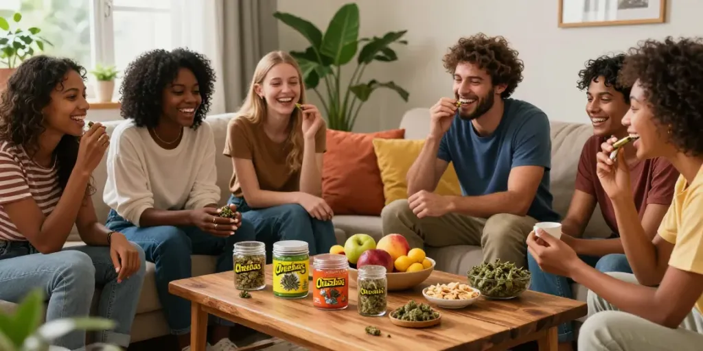 Friends enjoying Cheebas hash in a cozy living room.