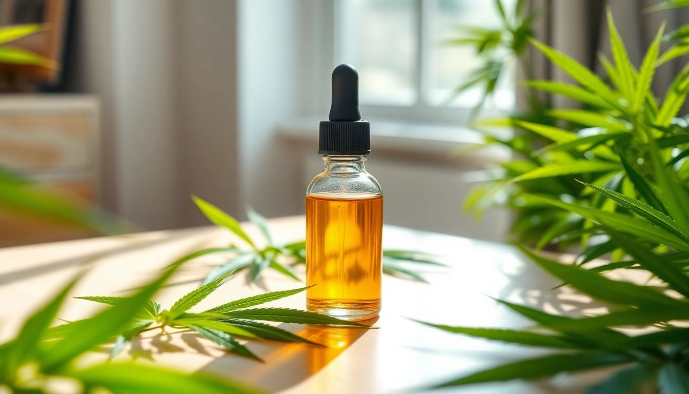 Apply CBD Oil from an elegant dropper bottle surrounded by hemp leaves
