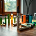 Showcasing cannabis vape devices on a wooden table with colorful vape cartridges.