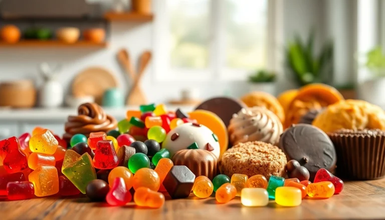 Colorful wholesale cbd edibles like gummies and chocolates arranged beautifully on a rustic table.
