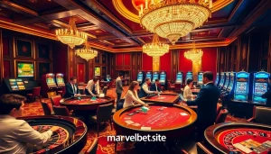 Engage in thrilling games at Marvelbet.site's luxurious casino environment featuring tables and dealers.