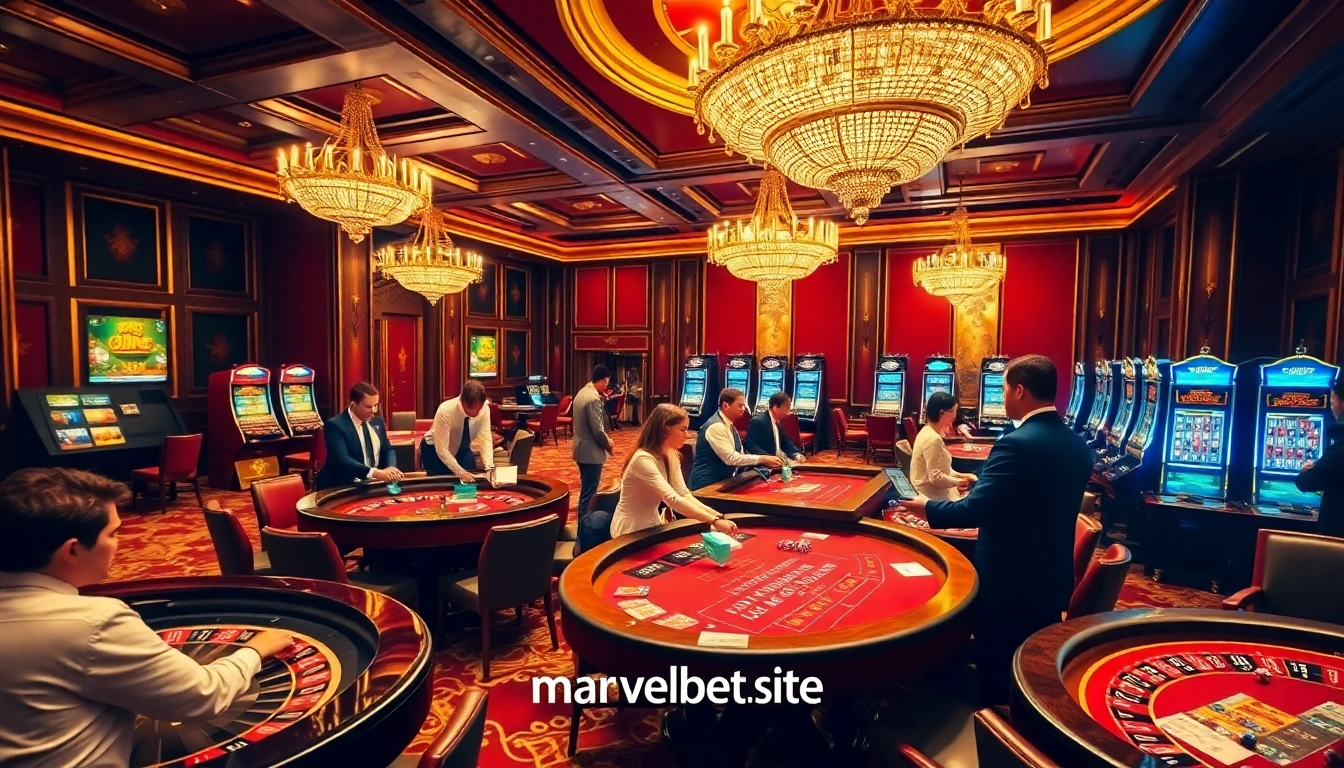 Engage in thrilling games at Marvelbet.site's luxurious casino environment featuring tables and dealers.